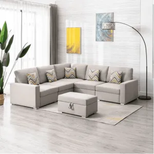 Nollon Linen Fabric Sectional Sofa with Pillows and Storage Ottoman