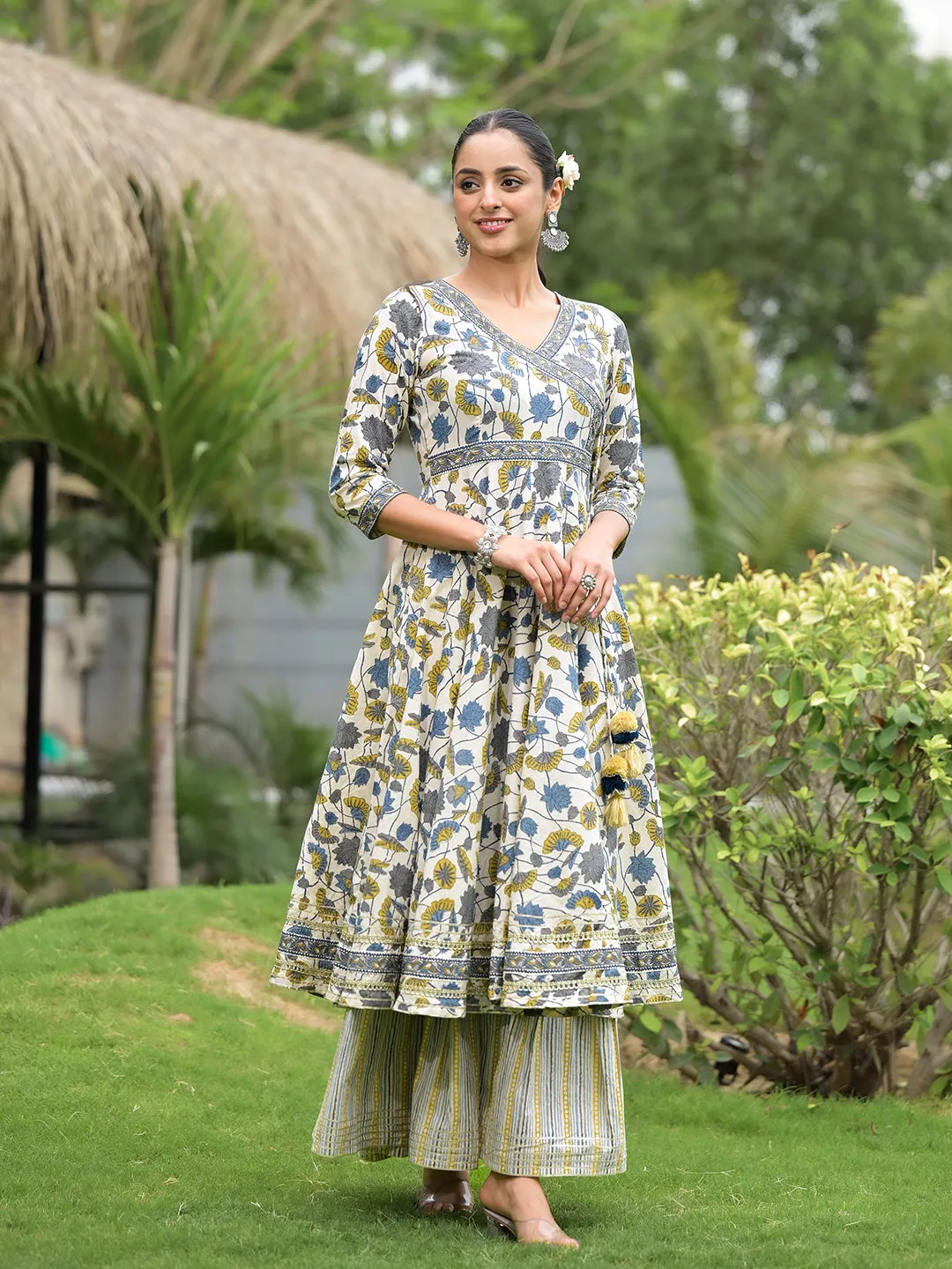 Off-White Floral Print Cotton Kurta Sharara Set For Women