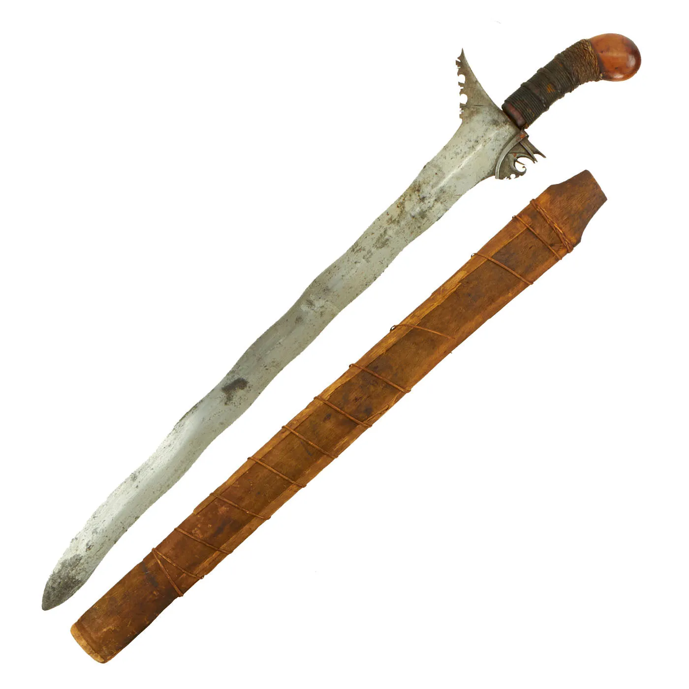 Original 19th Century Philippine Moro Kris Wavy Blade Short Sword with Wood Scabbard