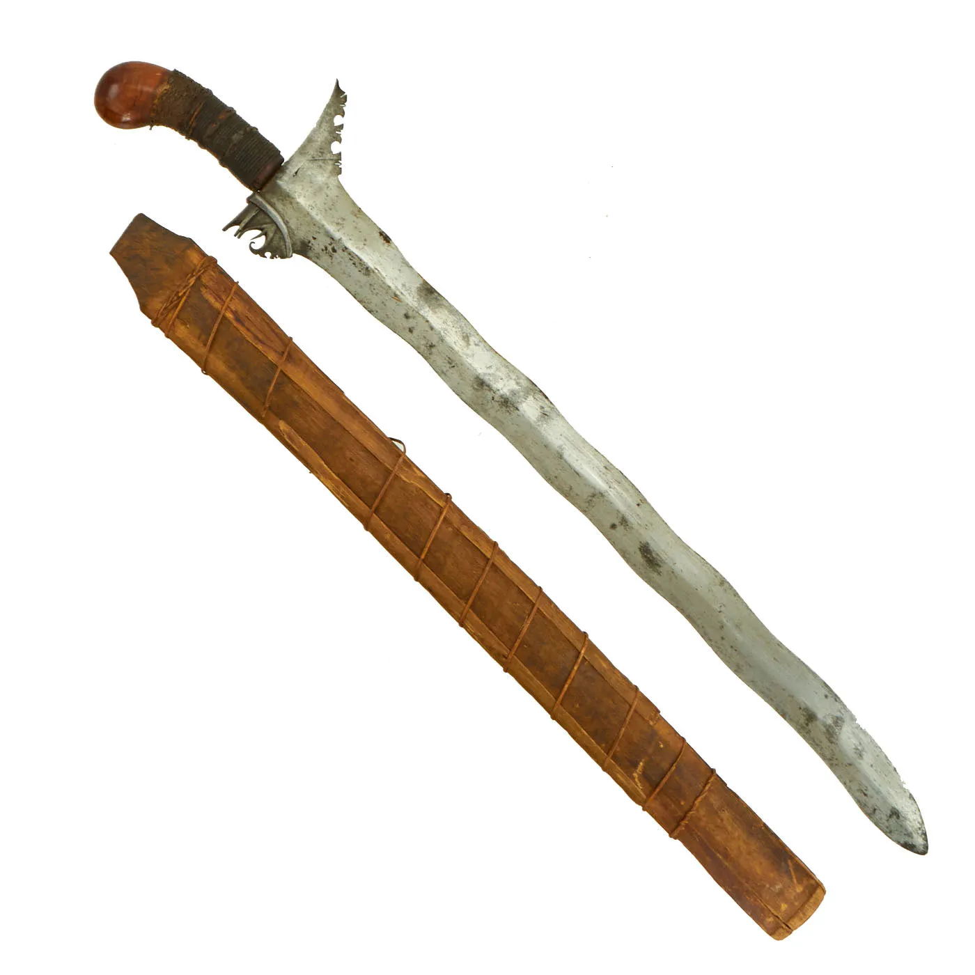 Original 19th Century Philippine Moro Kris Wavy Blade Short Sword with Wood Scabbard