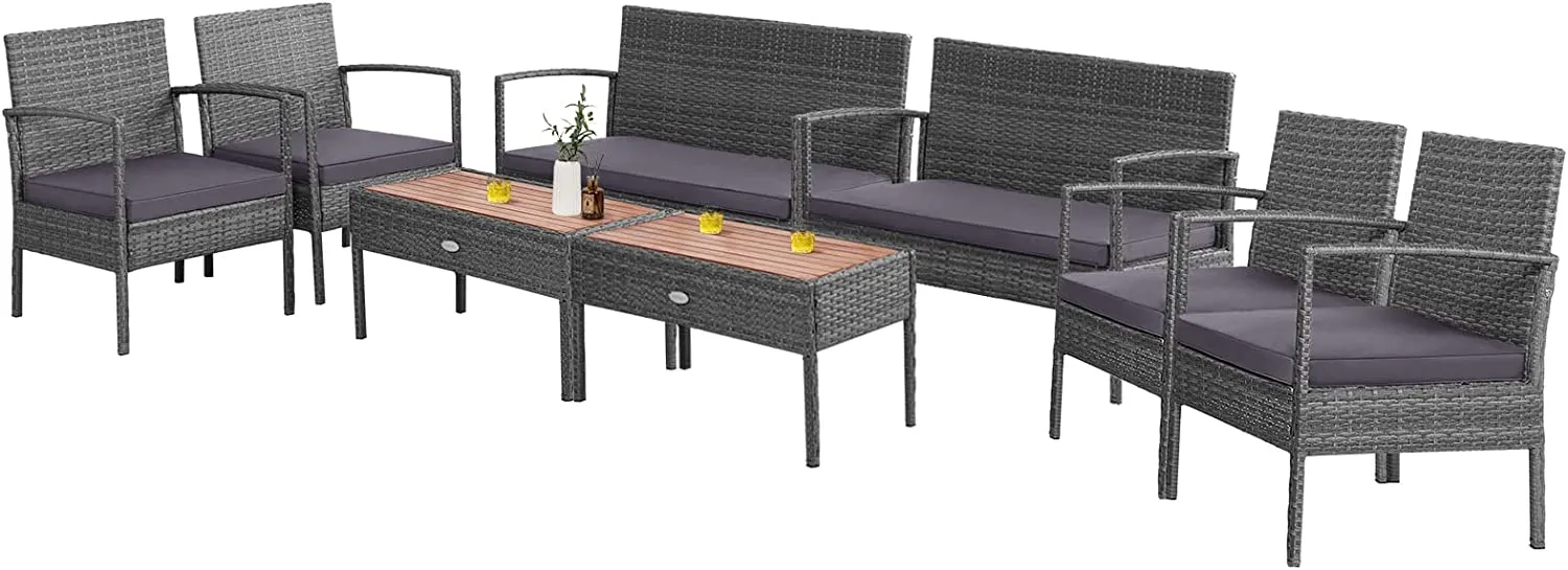 Outdoor Wicker Sofa Set W/Seat Cushions, Heavy-Duty Steel Frame, Garden