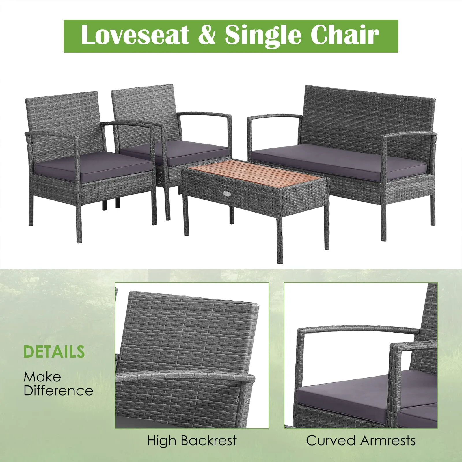 Outdoor Wicker Sofa Set W/Seat Cushions, Heavy-Duty Steel Frame, Garden