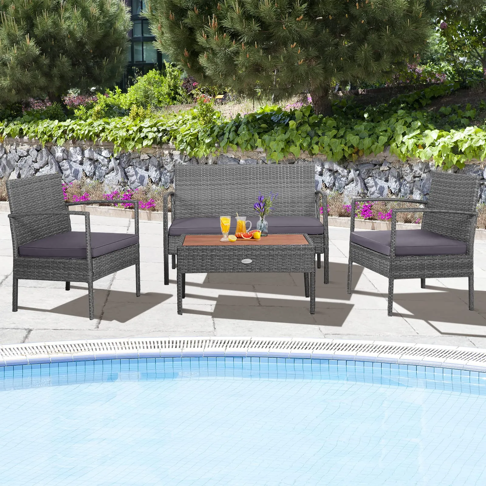 Outdoor Wicker Sofa Set W/Seat Cushions, Heavy-Duty Steel Frame, Garden