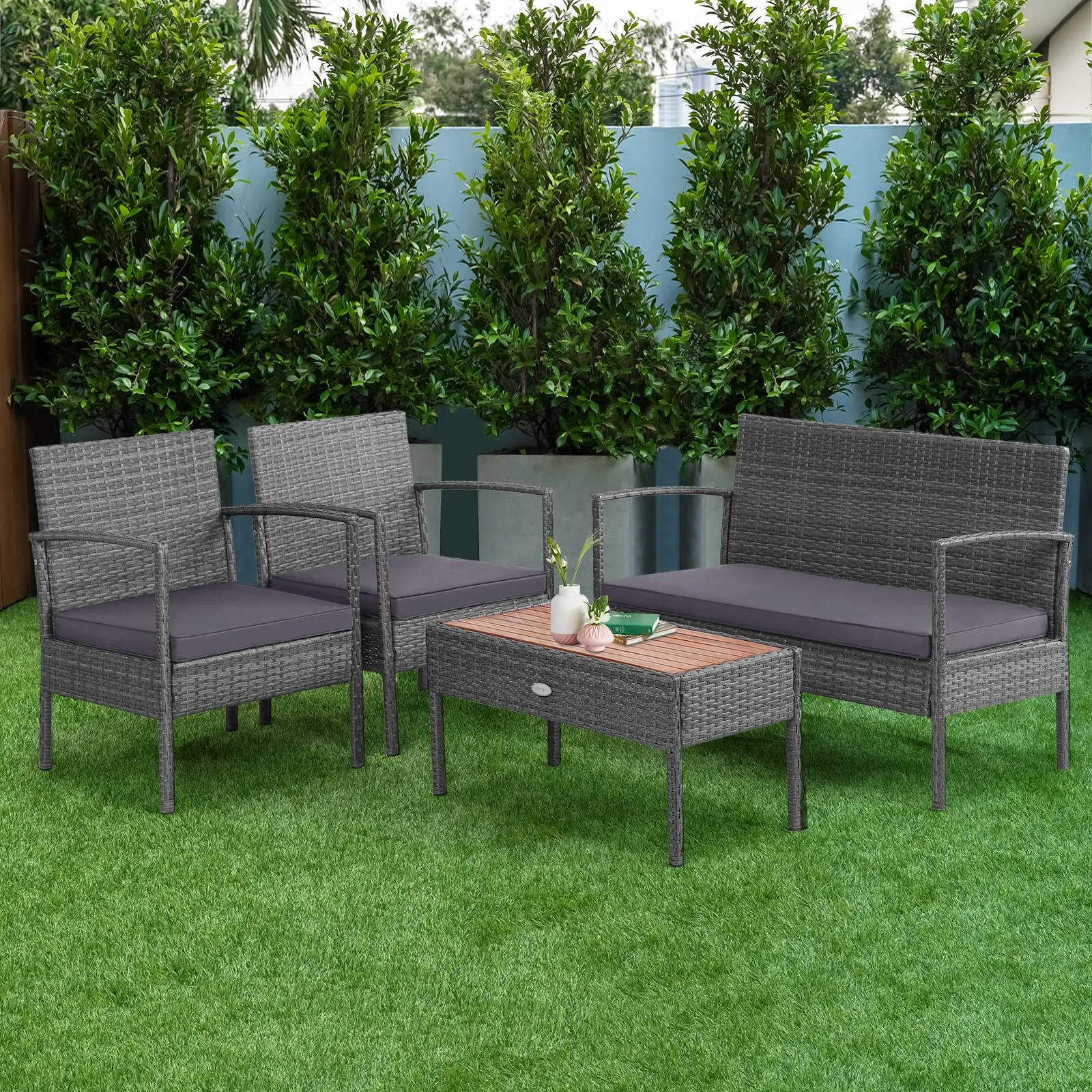 Outdoor Wicker Sofa Set W/Seat Cushions, Heavy-Duty Steel Frame, Garden