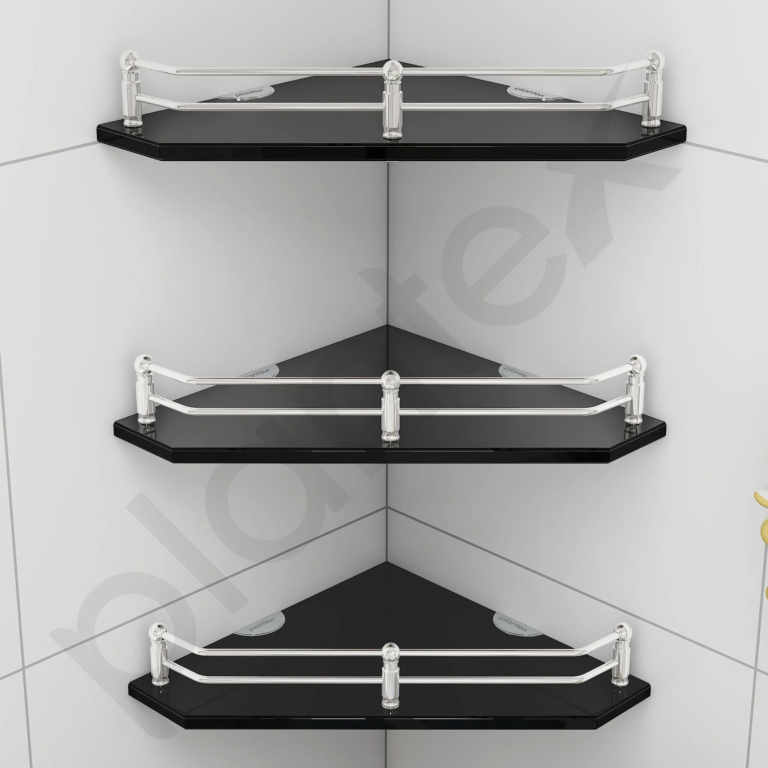 Plantex Corner Glass Shelf for Bathroom/Kitchen Storage Rack Wall Mounted/Living Room Corner Shelf (9x9 Inches) (Diamond-Black - Pack of 3)