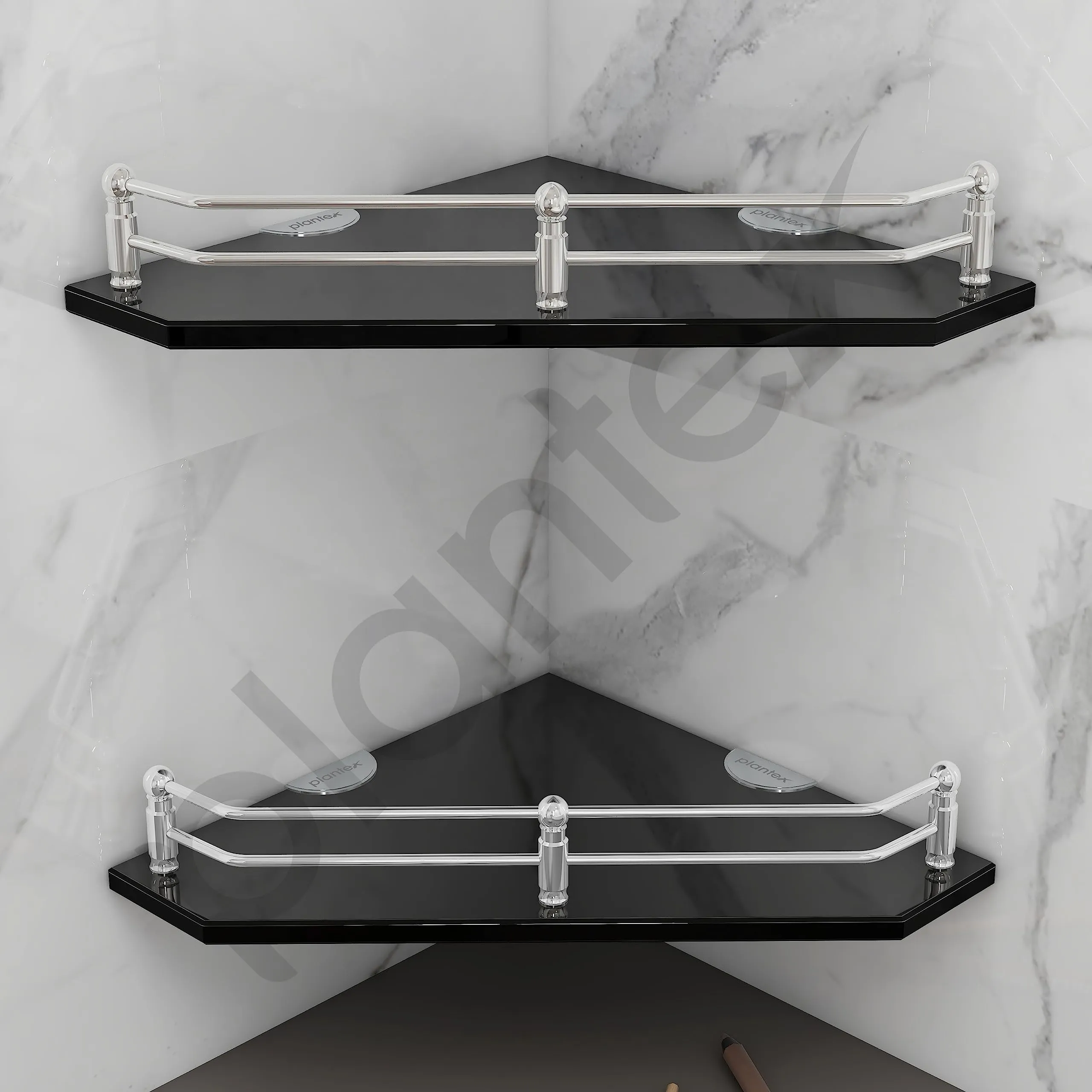 Plantex Premium Diamond Black Glass Corner Shelf for Bathroom/Kitchen Shelf/Bathroom Accessories (9x9 Inches) - Pack of 2