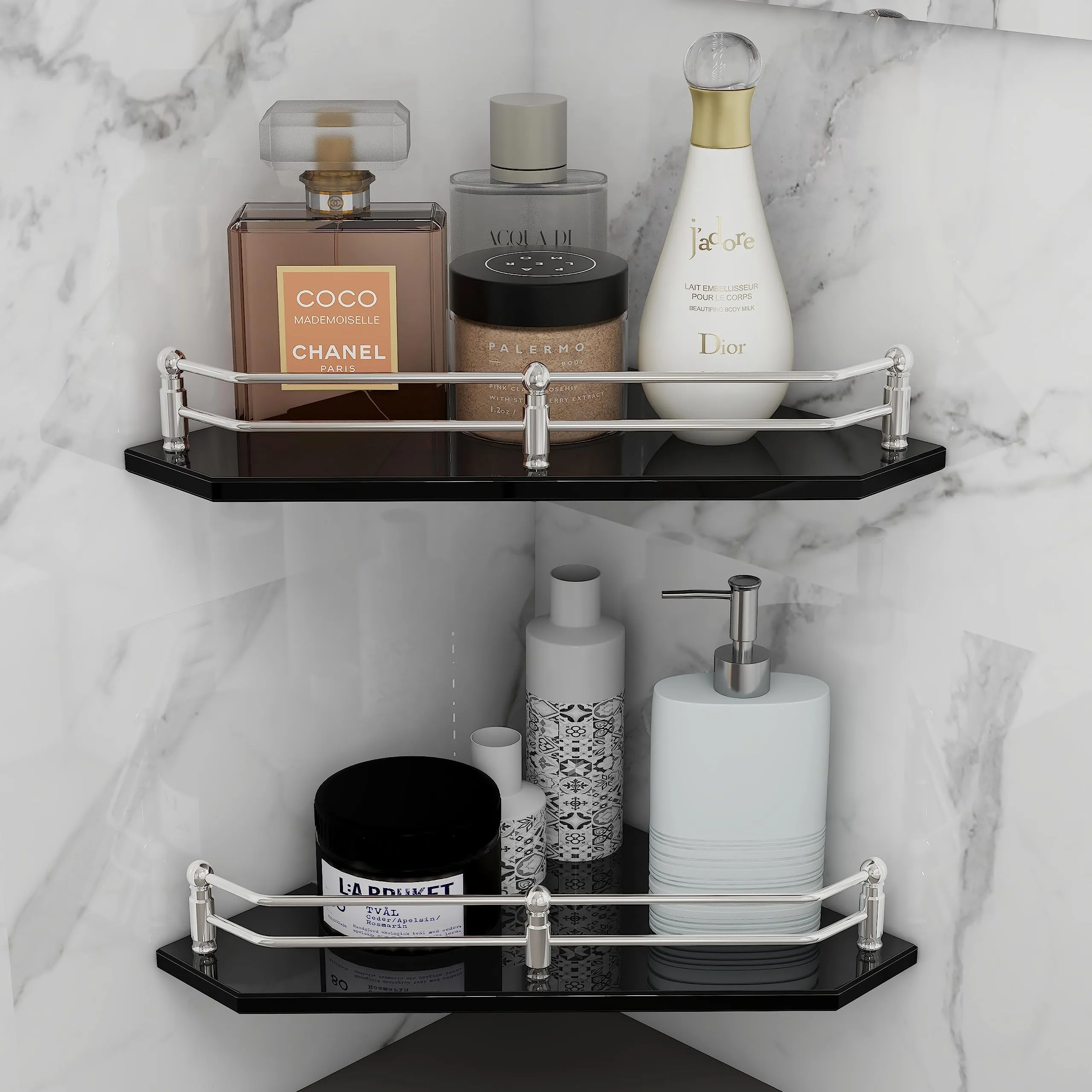 Plantex Premium Diamond Black Glass Corner Shelf for Bathroom/Kitchen Shelf/Bathroom Accessories (9x9 Inches) - Pack of 2