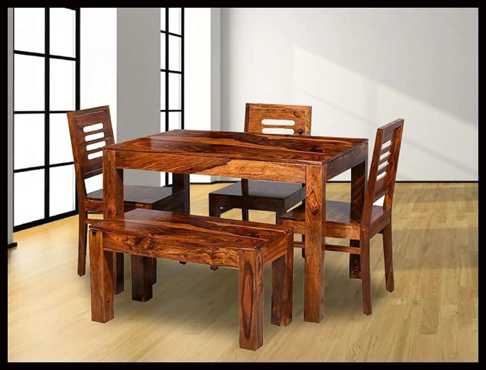 Porash Furniture Sheesham Wood 4 Seater Dining Table with 3 Chairs and 1 Bench for Living Room Office Home Dining Room Wooden Furniture Dinner Table Set (Honey Finish) | 1 Year Warranty