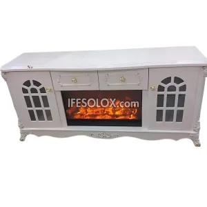 Premium FP007W Fireplace TV Stand with Window Designs and Drawers (White)