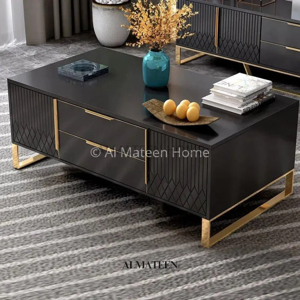 Rectangular Black Center Table with Marble Top and Gold Stainless Steel Legs