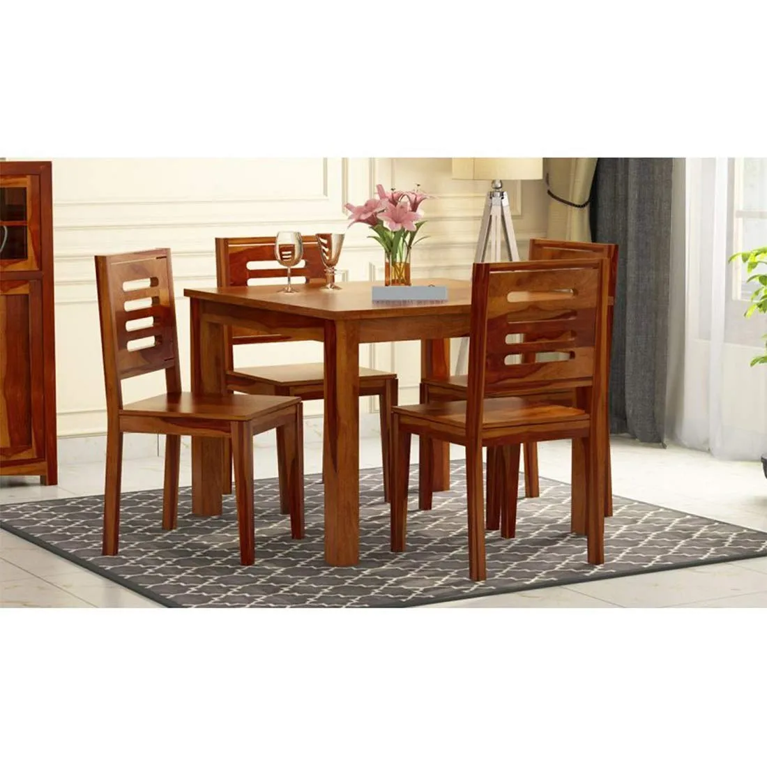 SHREE NATH JI CRAFT HOUSE Sheesham Wood 4 Seater Dining Table with Chair for Living Room Home Dining Room Furniture Set (Honey Finish)