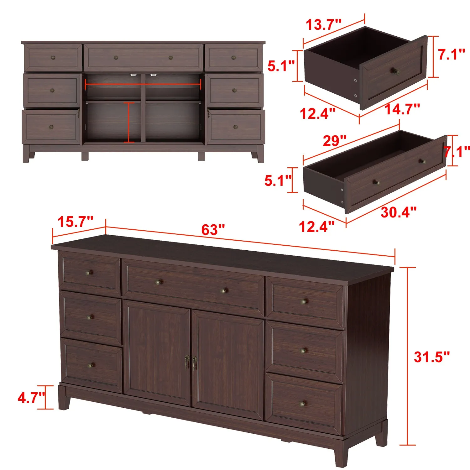 Sideboard Buffet Cabinet Storage Buffet Server Bar 2 Door and 7 Drawer