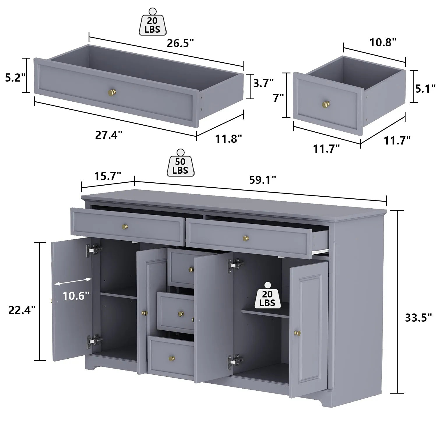 Sideboard Contemporary Buffet Storage Cabinet with Drawers & Doors Buffet Cabinet