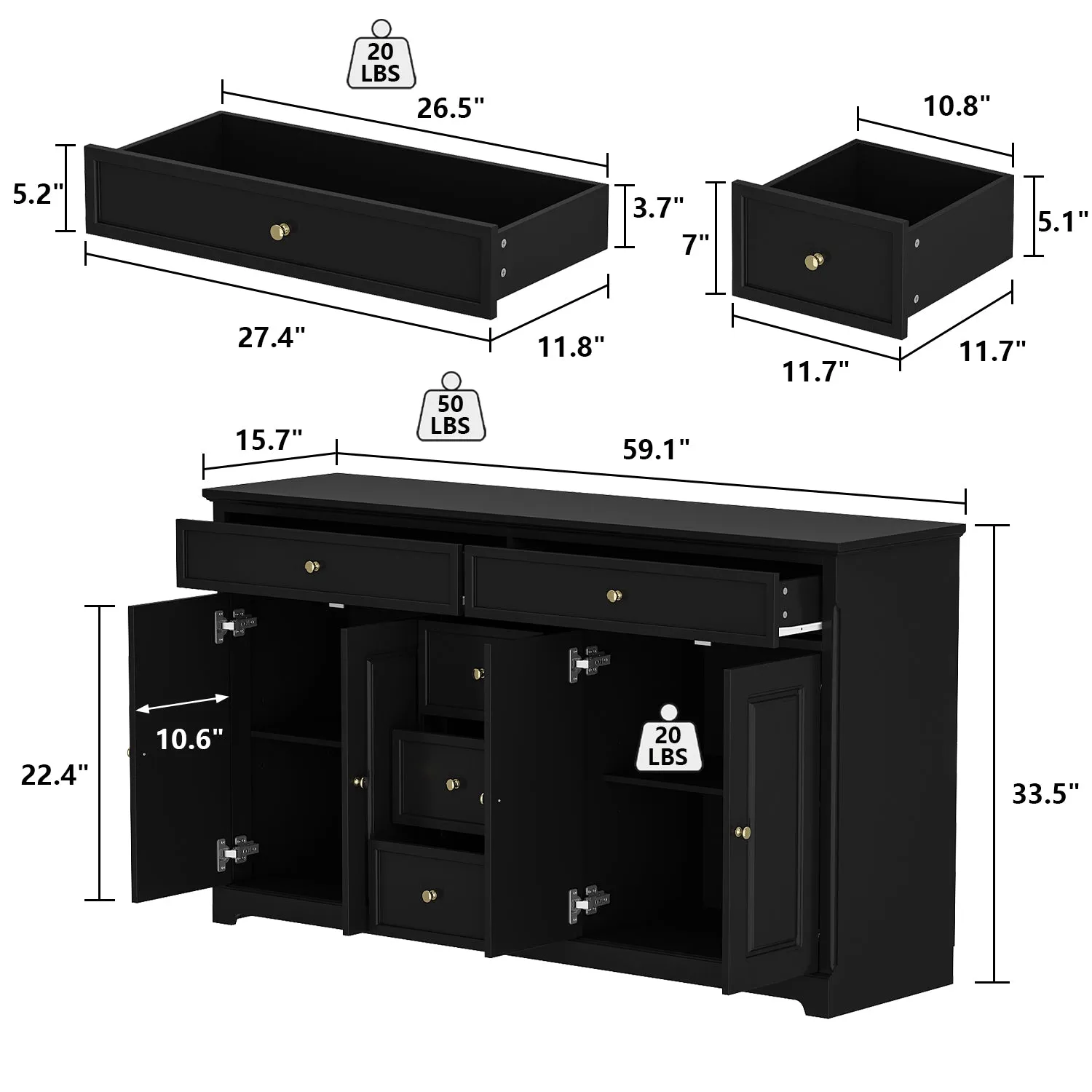 Sideboard Contemporary Buffet Storage Cabinet with Drawers & Doors Buffet Cabinet