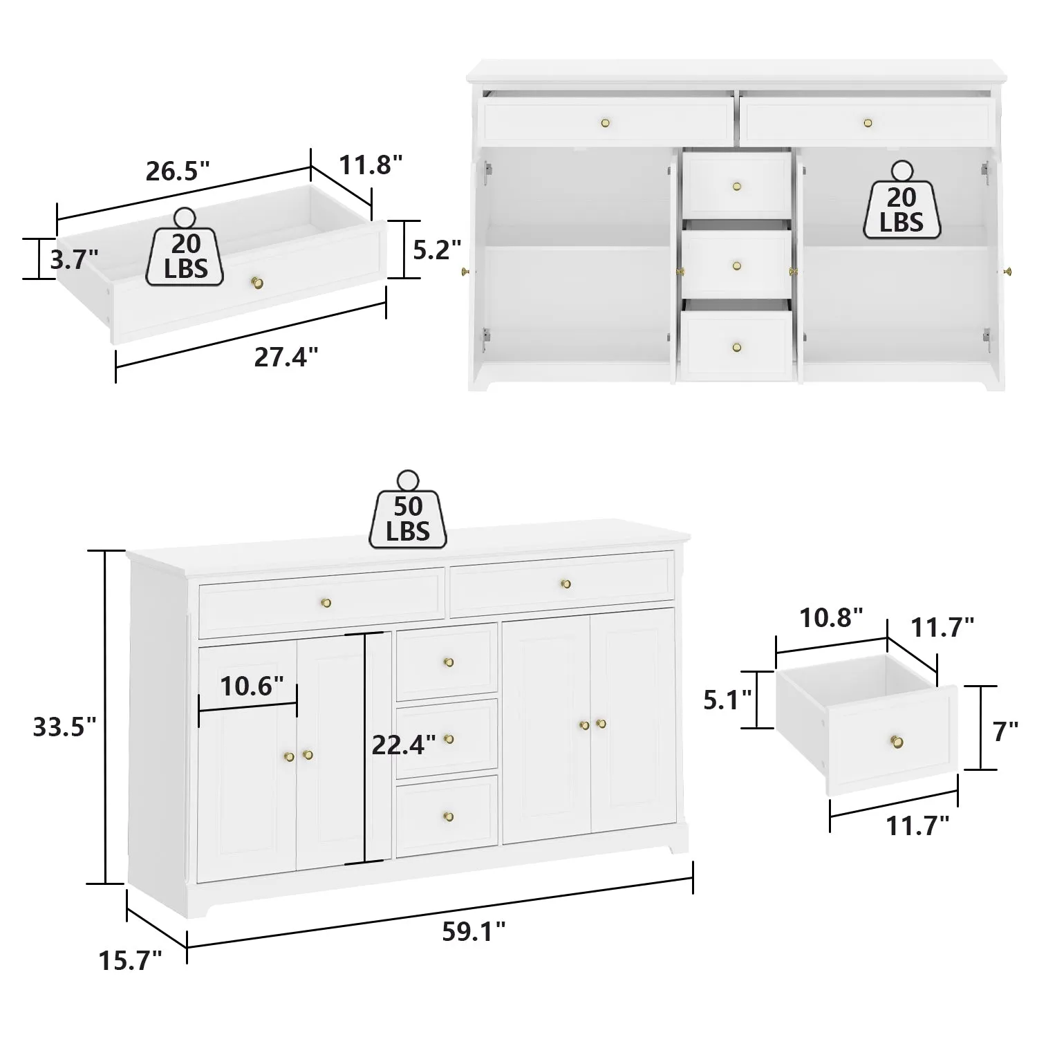 Sideboard Contemporary Buffet Storage Cabinet with Drawers & Doors Buffet Cabinet