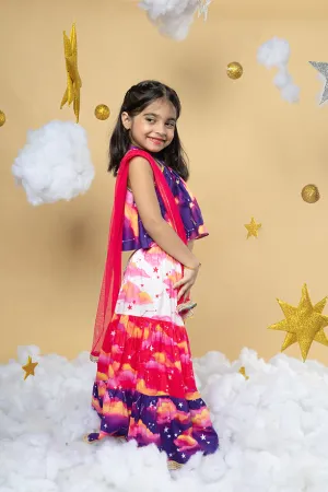 Sky Is The Limit Purple Layered Lehenga and Halter Neck Blouse Set for Girls