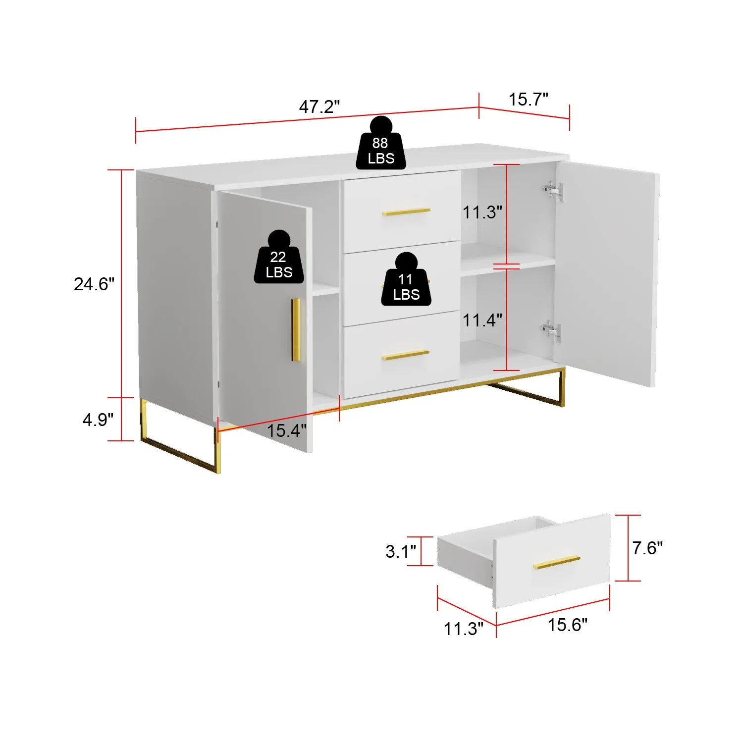 Storage Cabinet With 3 Drawers & 2 Doors Metal Legs For Dining Room and Living Room