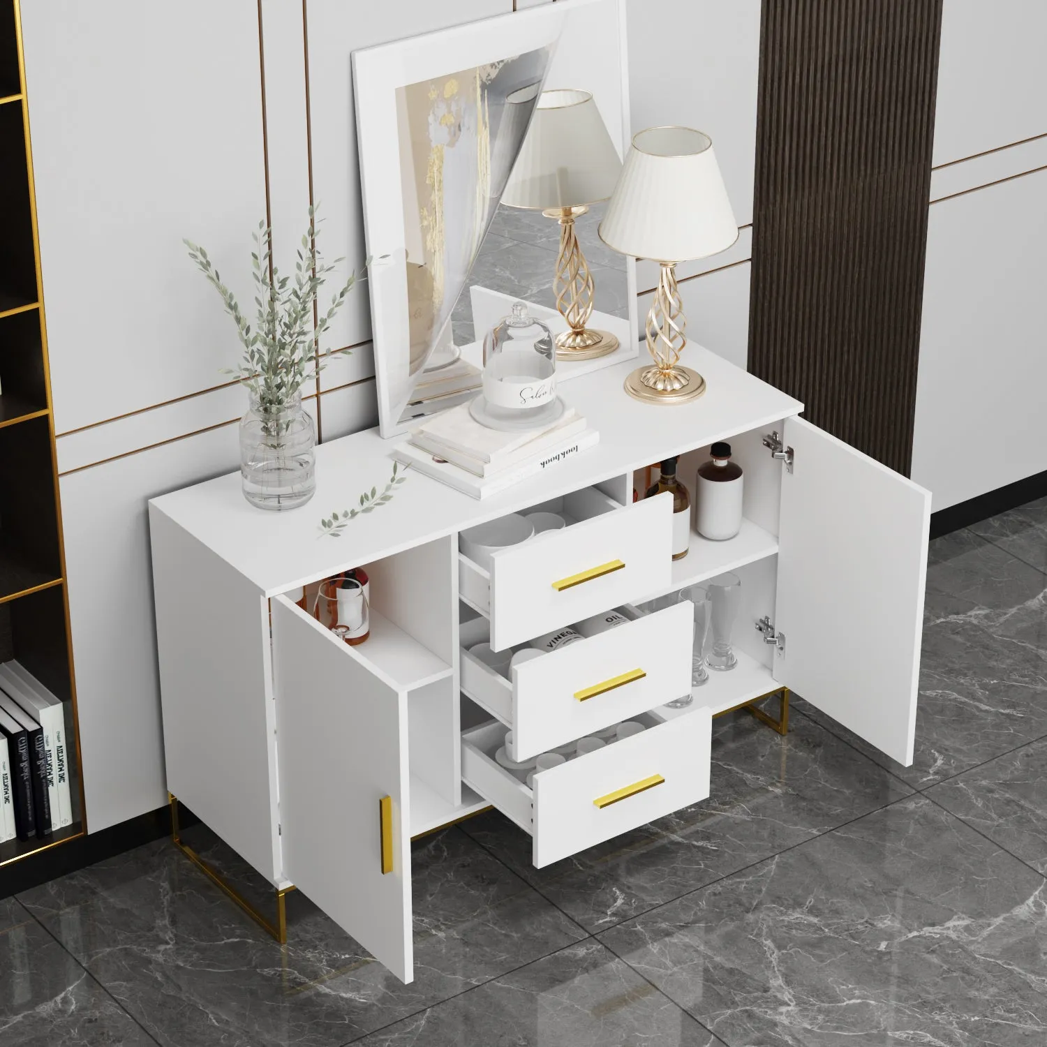 Storage Cabinet With 3 Drawers & 2 Doors Metal Legs For Dining Room and Living Room