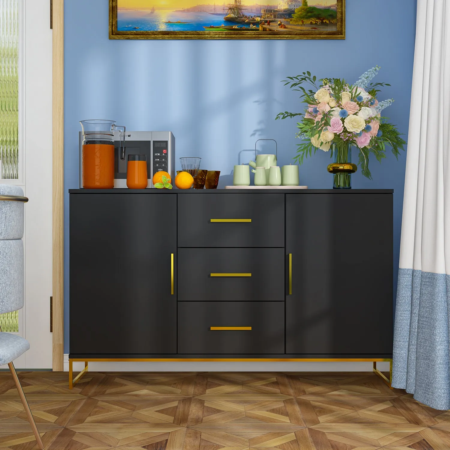 Storage Cabinet With 3 Drawers & 2 Doors Metal Legs For Dining Room and Living Room