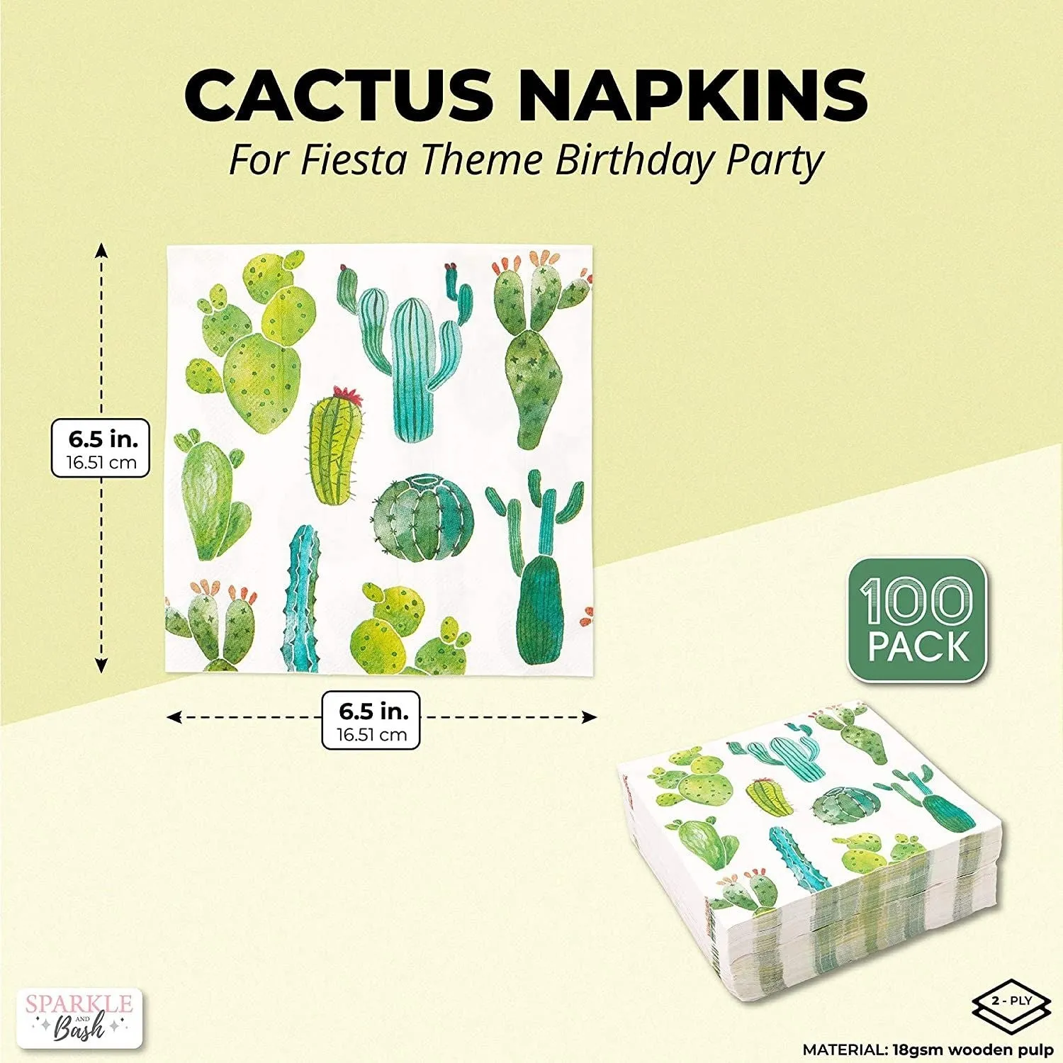 Succulent Cactus Paper Napkins for Fiesta Birthday Party (6.5 In, 100 Pack)