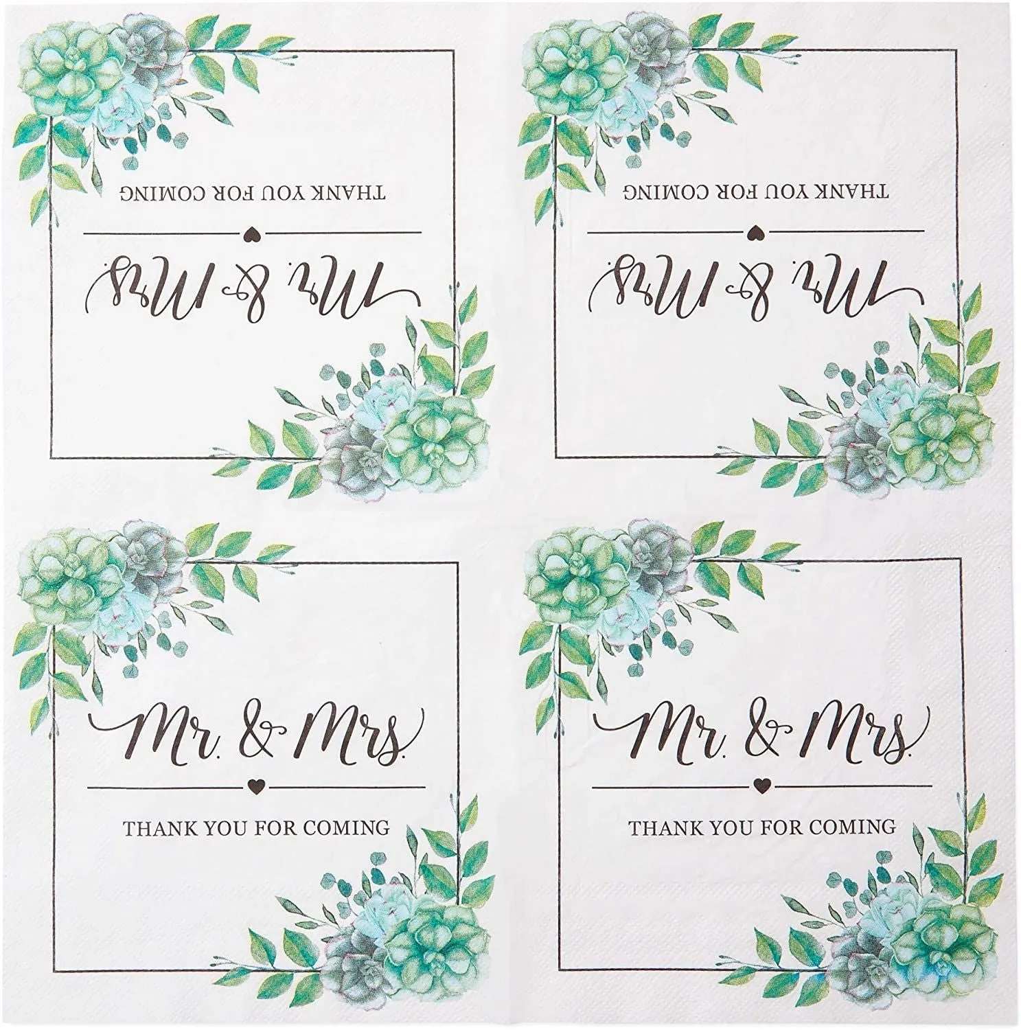 Succulent Floral Mr. and Mrs. Paper Napkins for Wedding (6.5 In, 100 Pack)