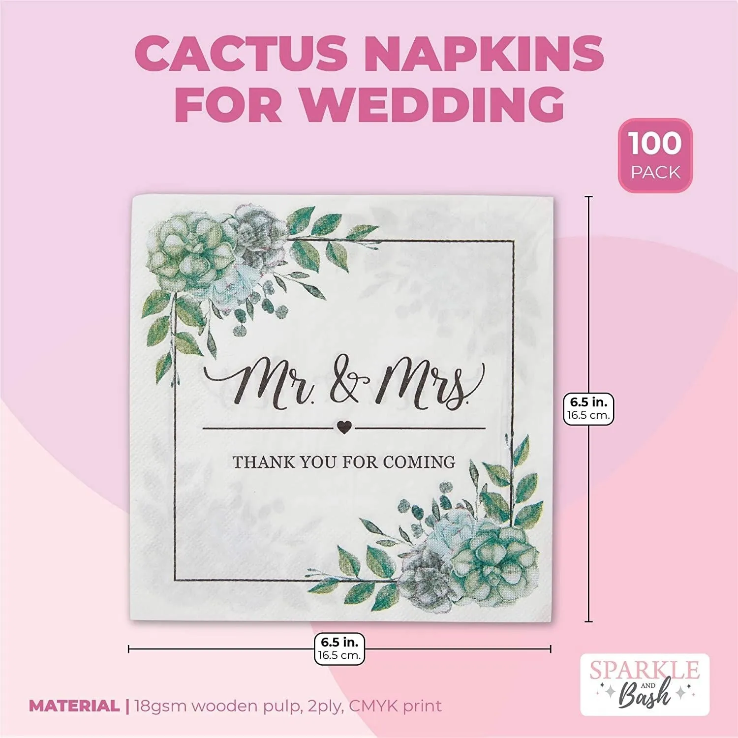 Succulent Floral Mr. and Mrs. Paper Napkins for Wedding (6.5 In, 100 Pack)