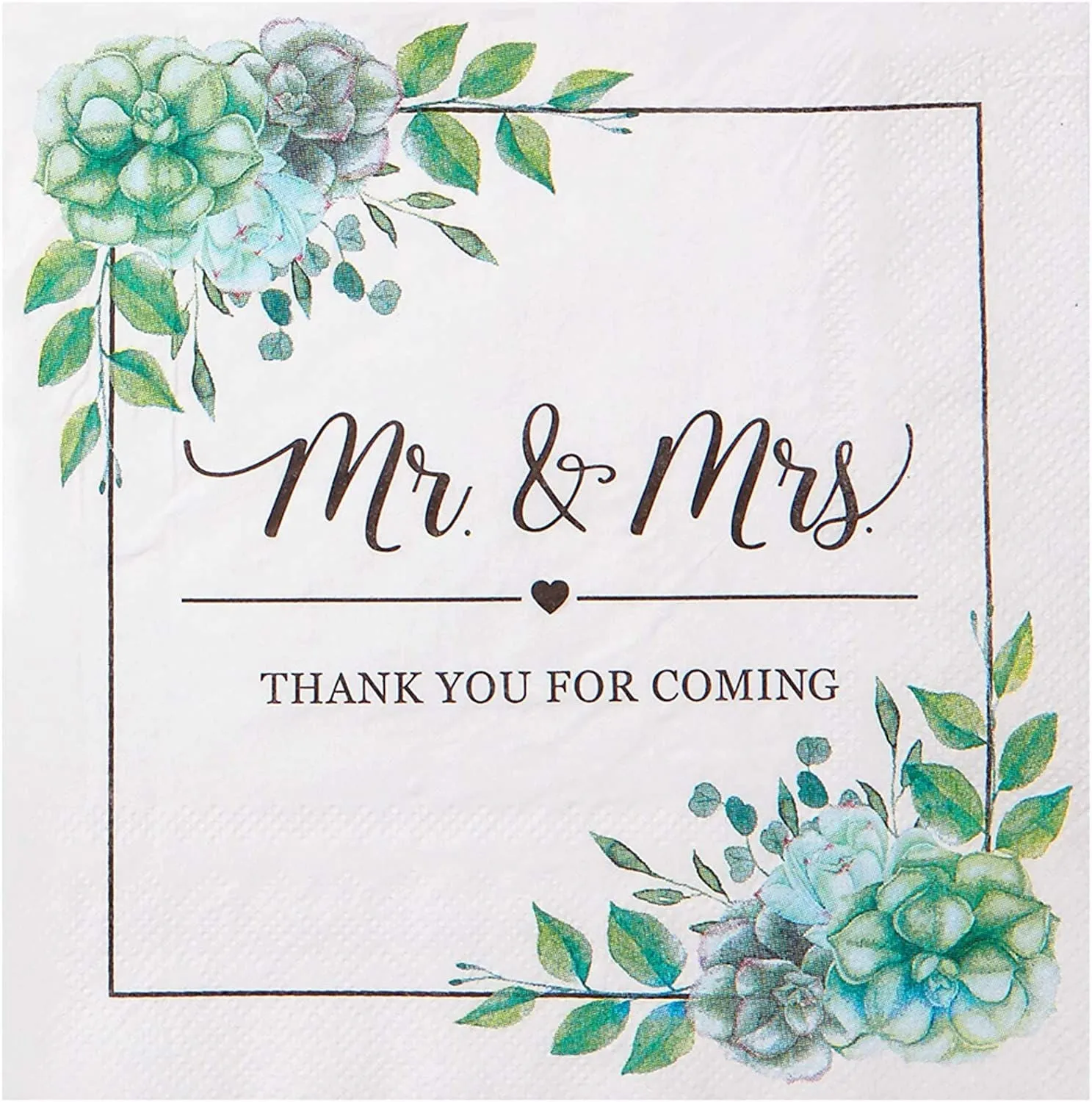 Succulent Floral Mr. and Mrs. Paper Napkins for Wedding (6.5 In, 100 Pack)