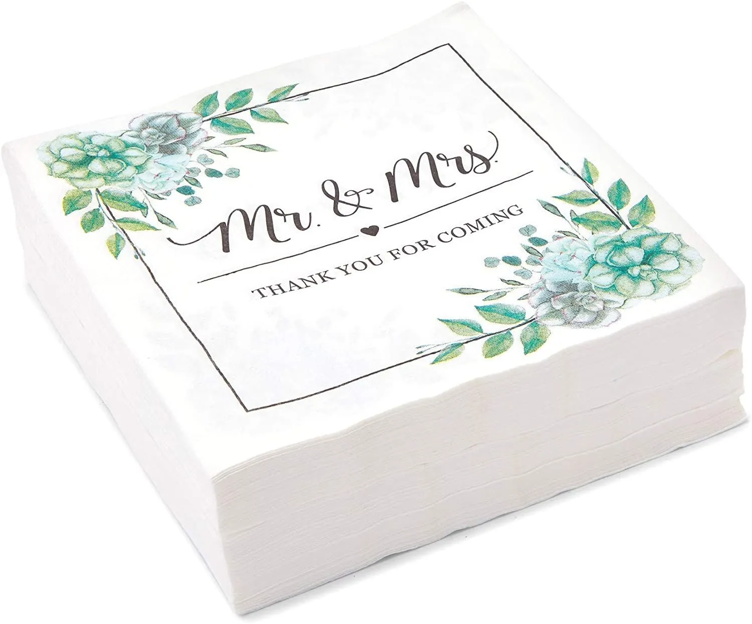 Succulent Floral Mr. and Mrs. Paper Napkins for Wedding (6.5 In, 100 Pack)