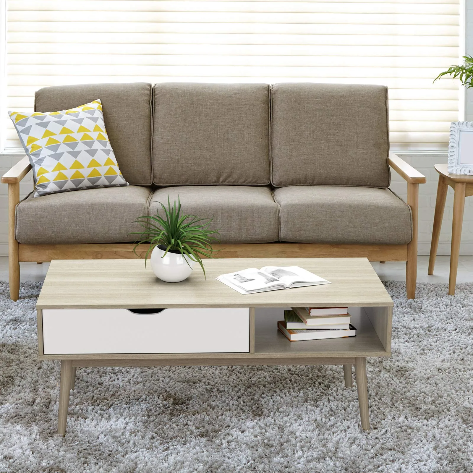 Tangkula Coffee Table, Mid-Century Modern Cocktail Table with Drawer & Open Storage Shelf & Solid Wood Legs