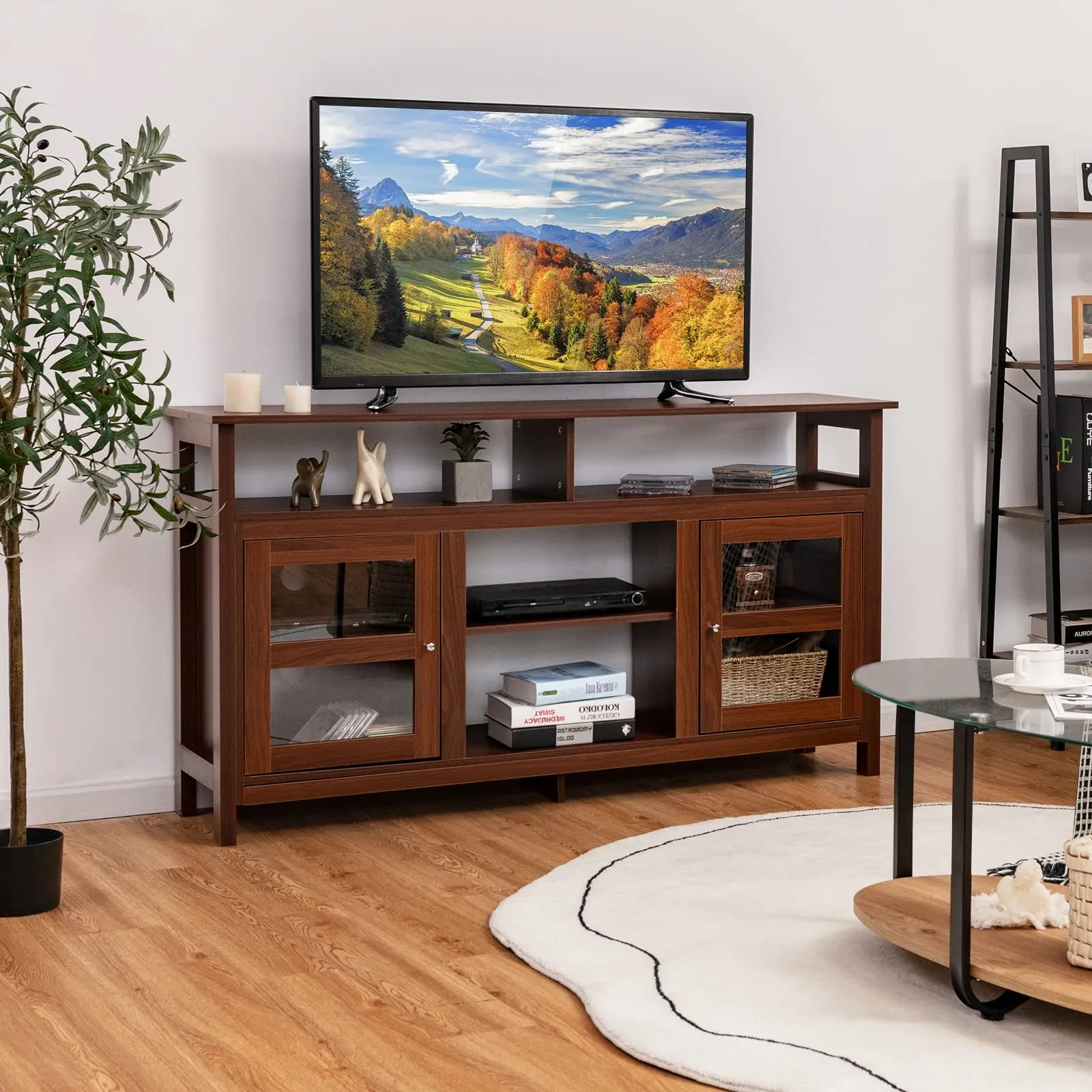 Tangkula Farmhouse TV Stand for TVs up to 65" Flat Screen, Wooden TV Console Table w/2 Cabinets & 4 Shelves