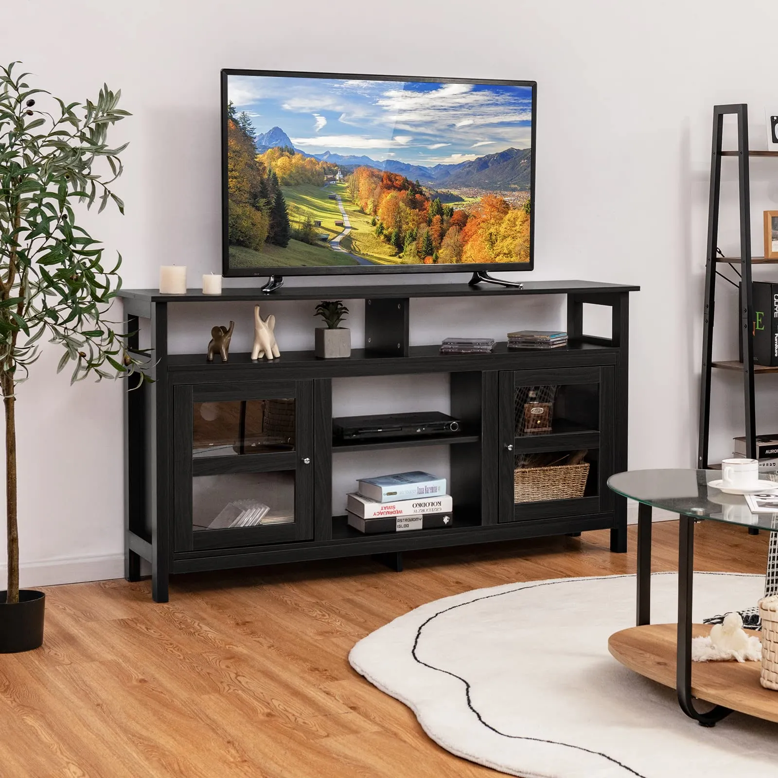 Tangkula Farmhouse TV Stand for TVs up to 65" Flat Screen, Wooden TV Console Table w/2 Cabinets & 4 Shelves