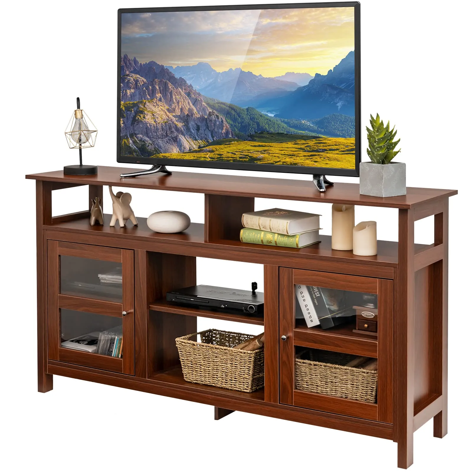 Tangkula Farmhouse TV Stand for TVs up to 65" Flat Screen, Wooden TV Console Table w/2 Cabinets & 4 Shelves