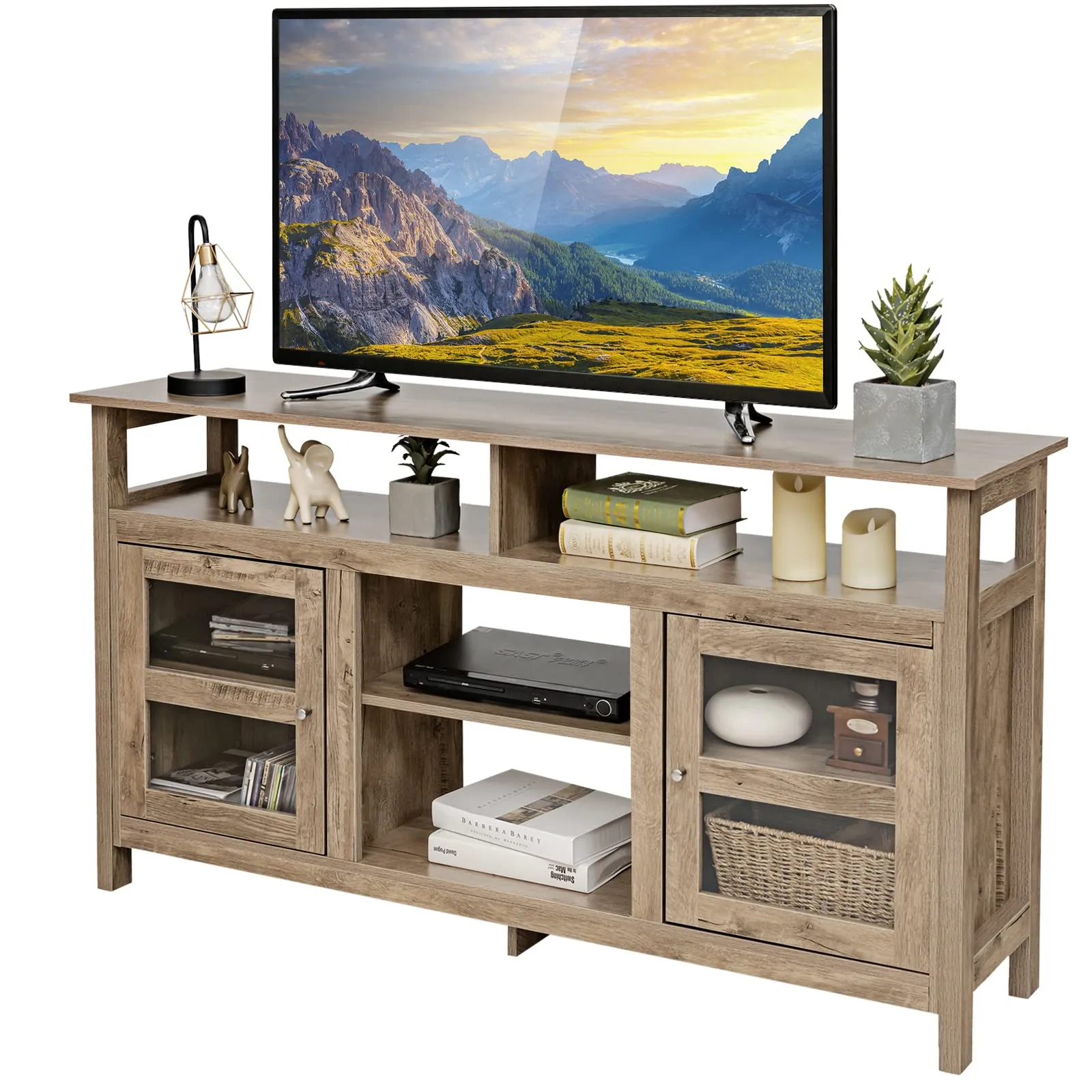 Tangkula Farmhouse TV Stand for TVs up to 65" Flat Screen, Wooden TV Console Table w/2 Cabinets & 4 Shelves