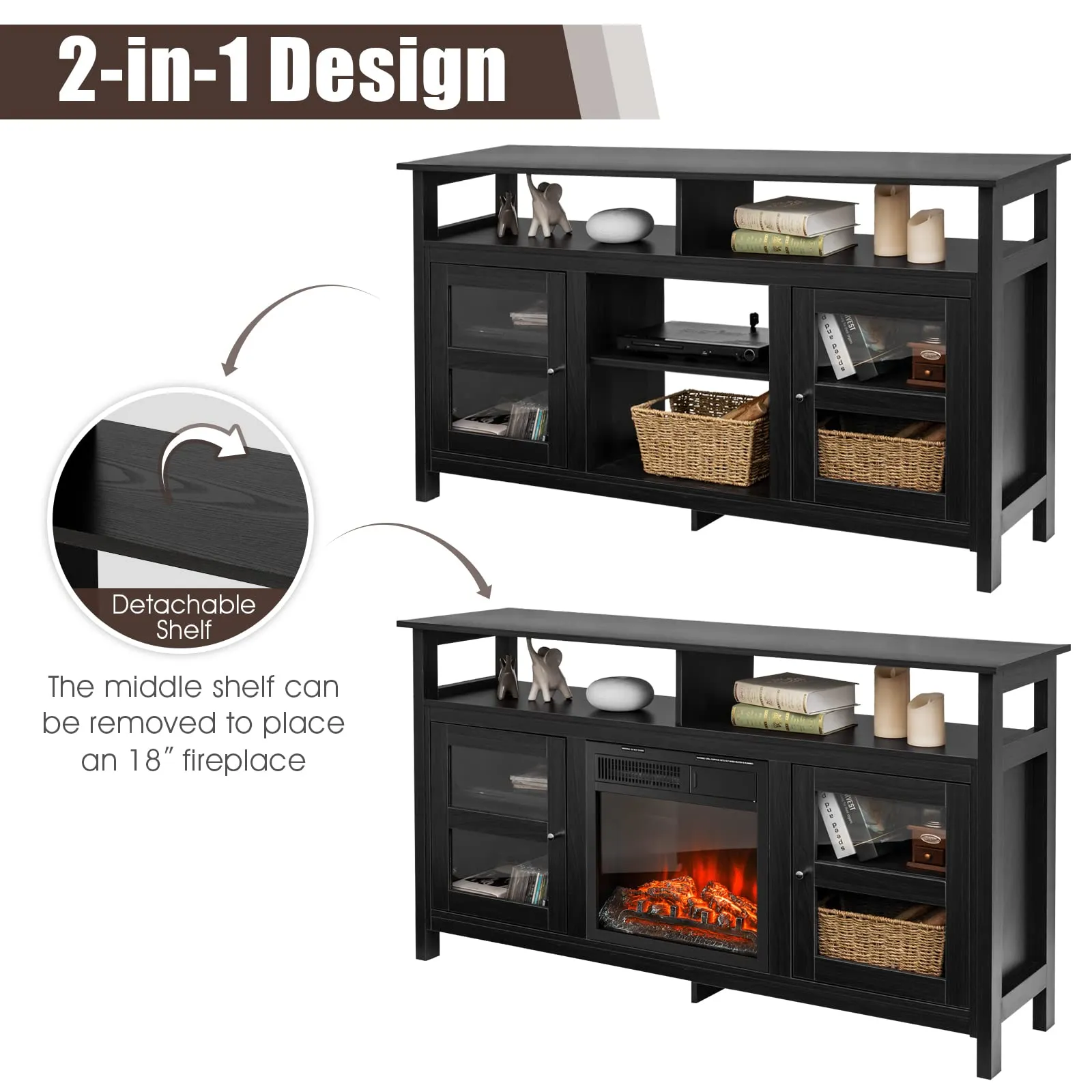 Tangkula Farmhouse TV Stand for TVs up to 65" Flat Screen, Wooden TV Console Table w/2 Cabinets & 4 Shelves