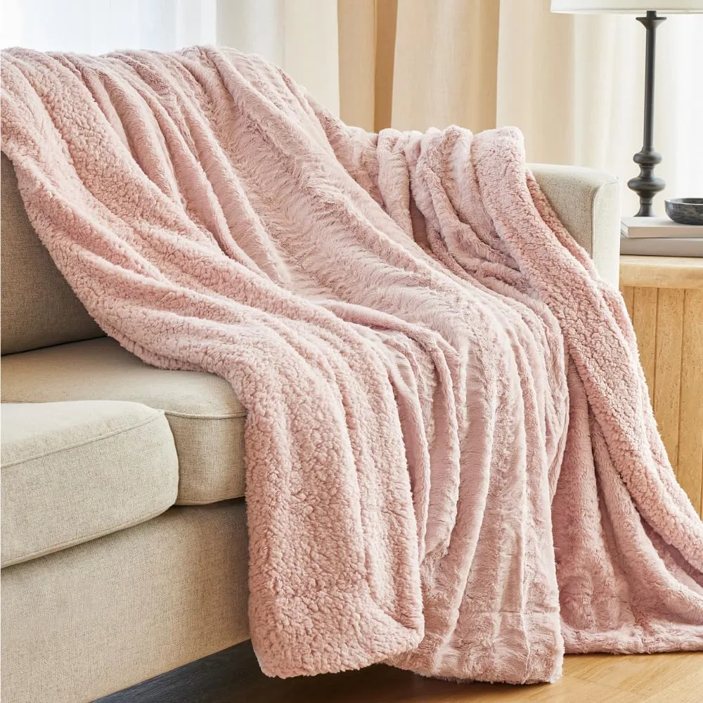 The Connecticut Home Company Luxury Faux Fur with Sherpa Reversible Throw Blanket, Super Soft, Large Wrinkle Resistant Blankets, Warm Hypoallergenic Washable Couch or Bed Throws, 65x50, Dusty Rose