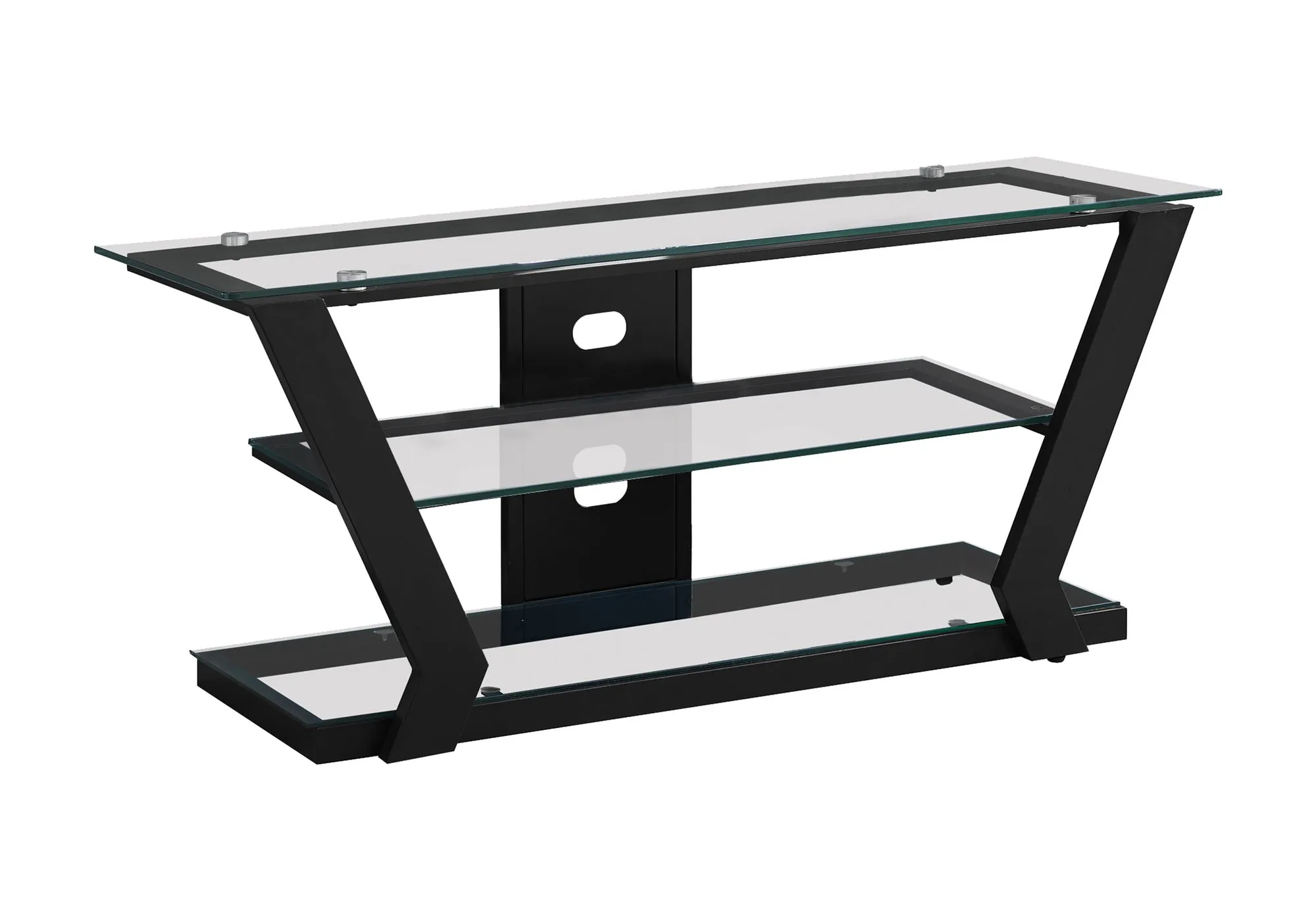 Tv Stand, 48 Inch, Console, Media Entertainment Center, Storage Shelves, Living Room, Bedroom, Black Metal, Clear Tempered Glass, Contemporary, Modern