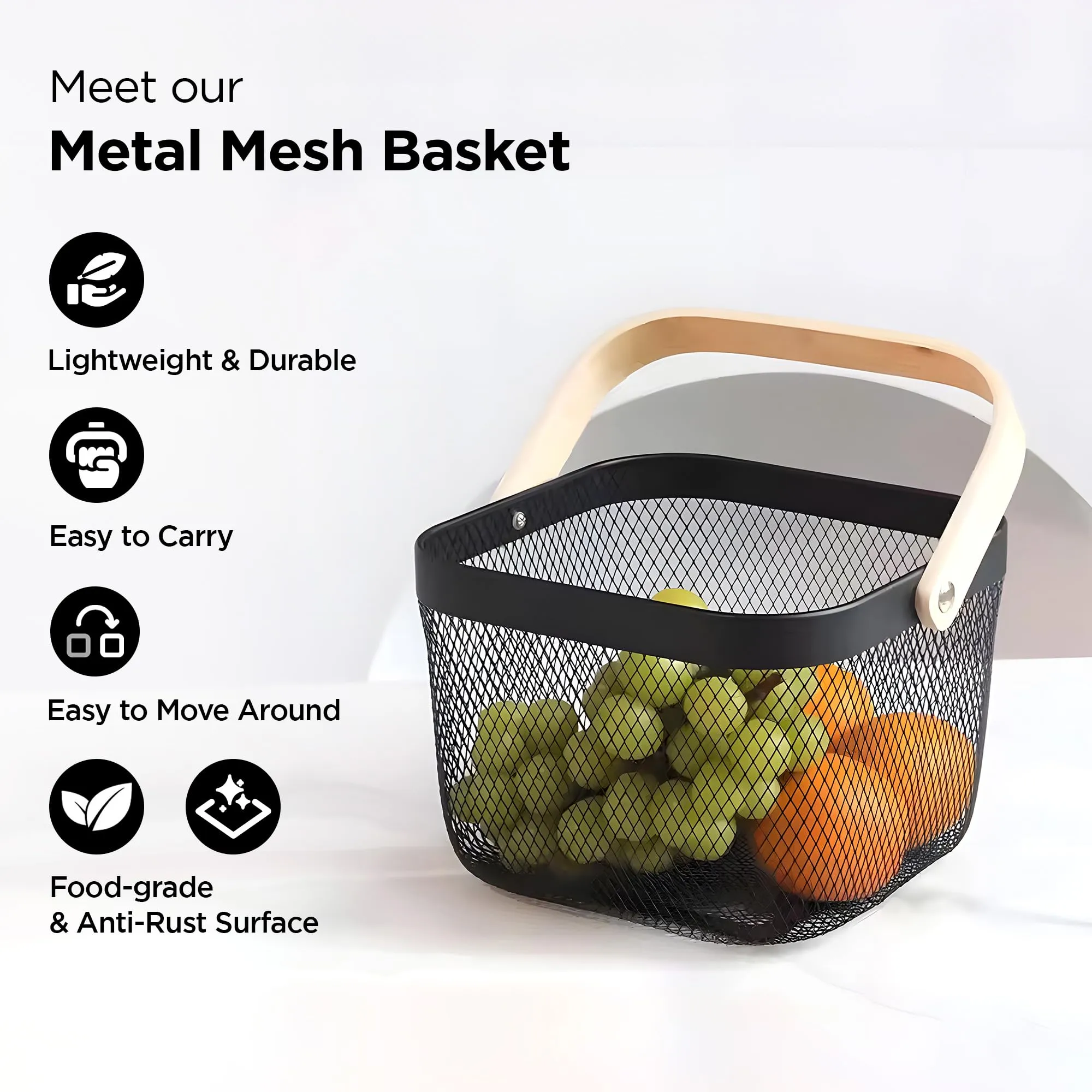 UMAI Mesh Metal Basket For Storage (22x22x16cm) - Black | Storage Baskets | Fruit Basket With Wooden Handle | Picnic Basket | Basket For Clothes | Basket For Kitchen