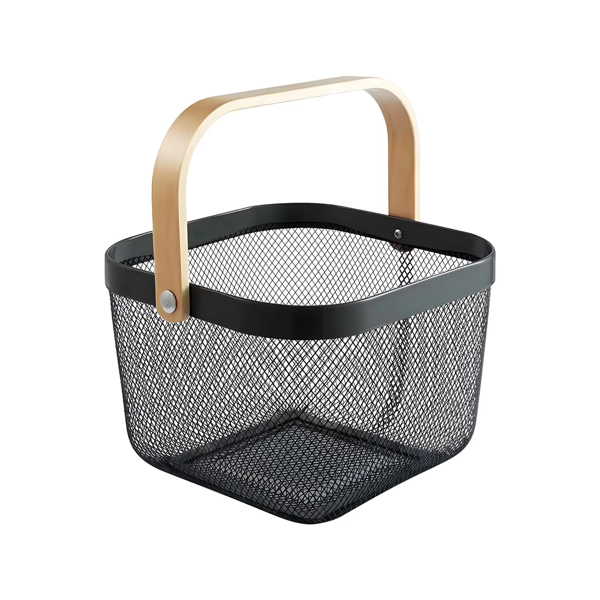 UMAI Mesh Metal Basket For Storage (22x22x16cm) - Black | Storage Baskets | Fruit Basket With Wooden Handle | Picnic Basket | Basket For Clothes | Basket For Kitchen