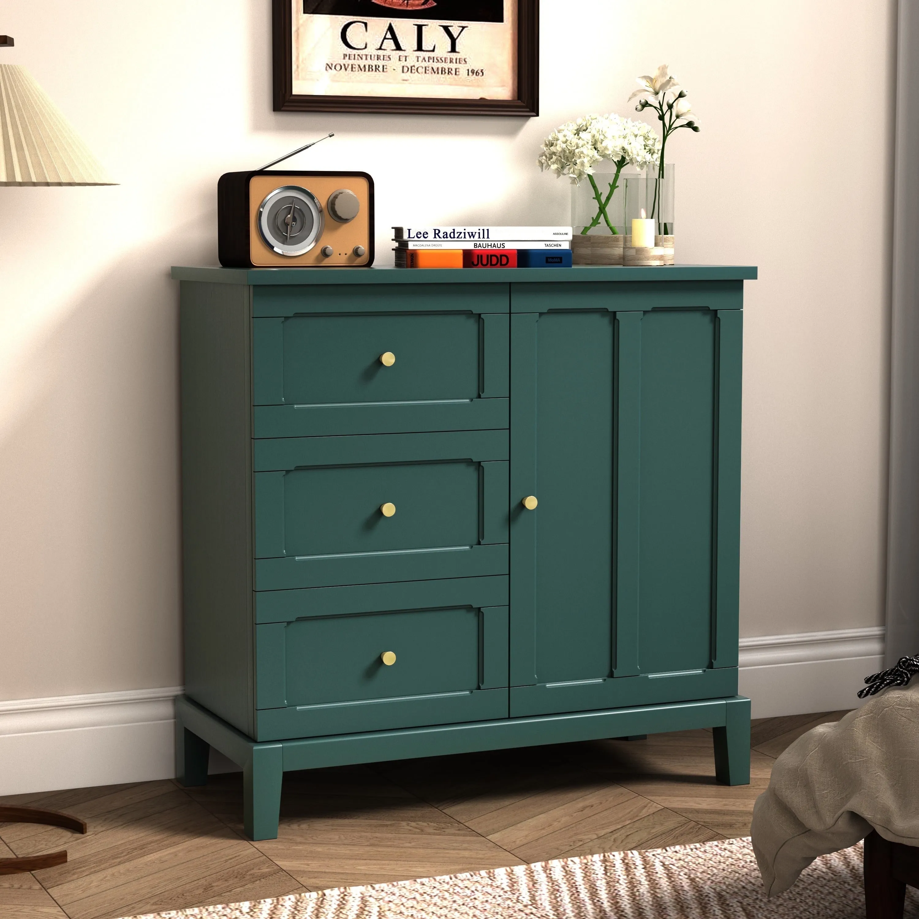 valiant Green Cabinet with 3 Drawers and 1 Door, Accent Cabinet for Entryway, 14.5"L x 34.6"W x 32"H