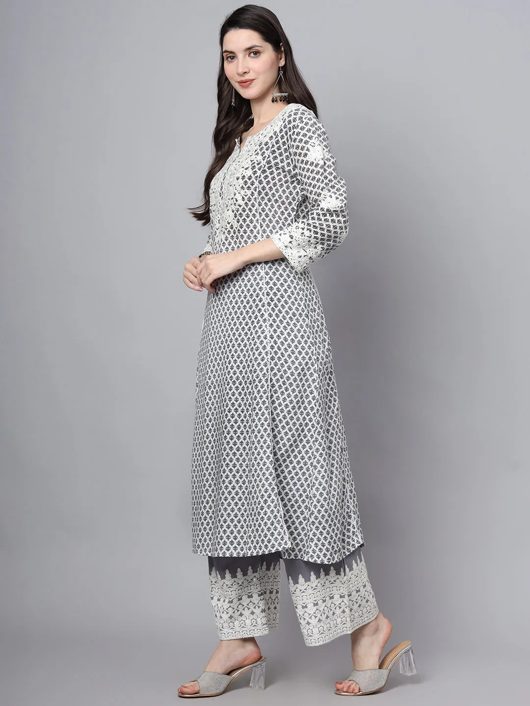 White Blue Motif Print Rayon Kurta Palazzo Sets For Women