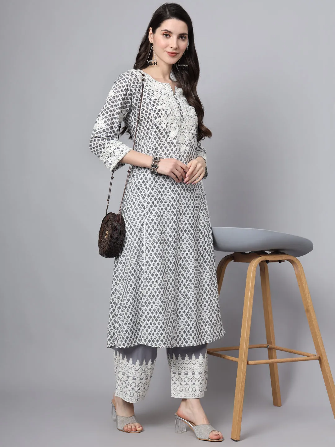 White Blue Motif Print Rayon Kurta Palazzo Sets For Women