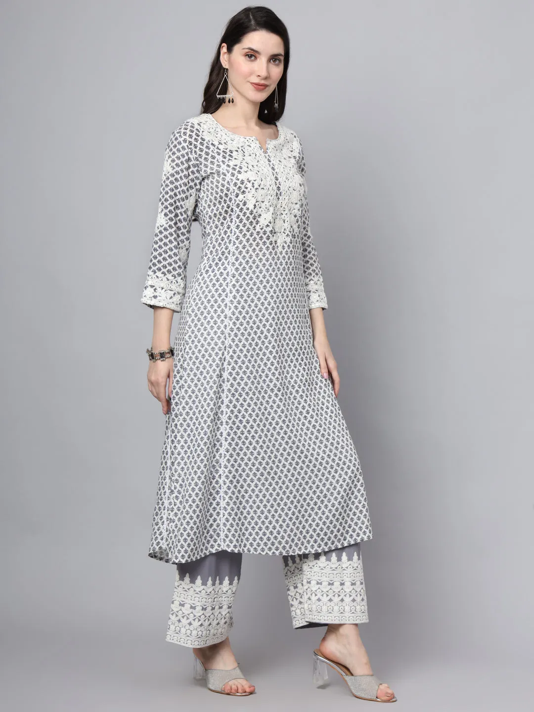 White Blue Motif Print Rayon Kurta Palazzo Sets For Women