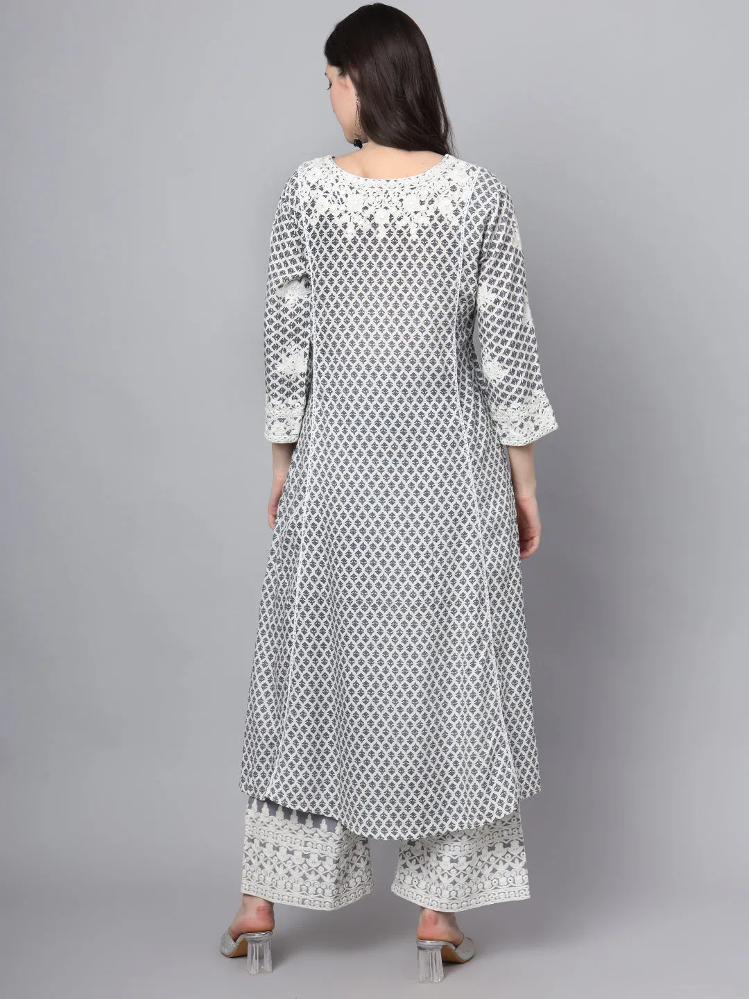 White Blue Motif Print Rayon Kurta Palazzo Sets For Women