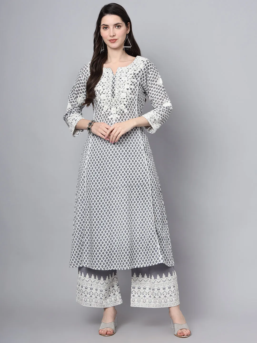 White Blue Motif Print Rayon Kurta Palazzo Sets For Women