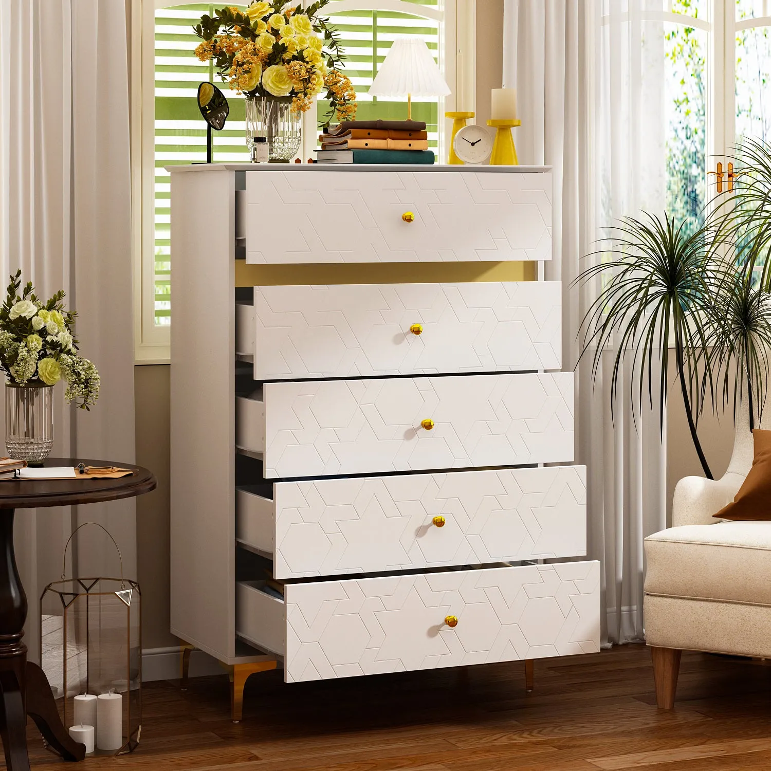 White Cabinet with Trim 5-Drawer Dresser with Large Storage