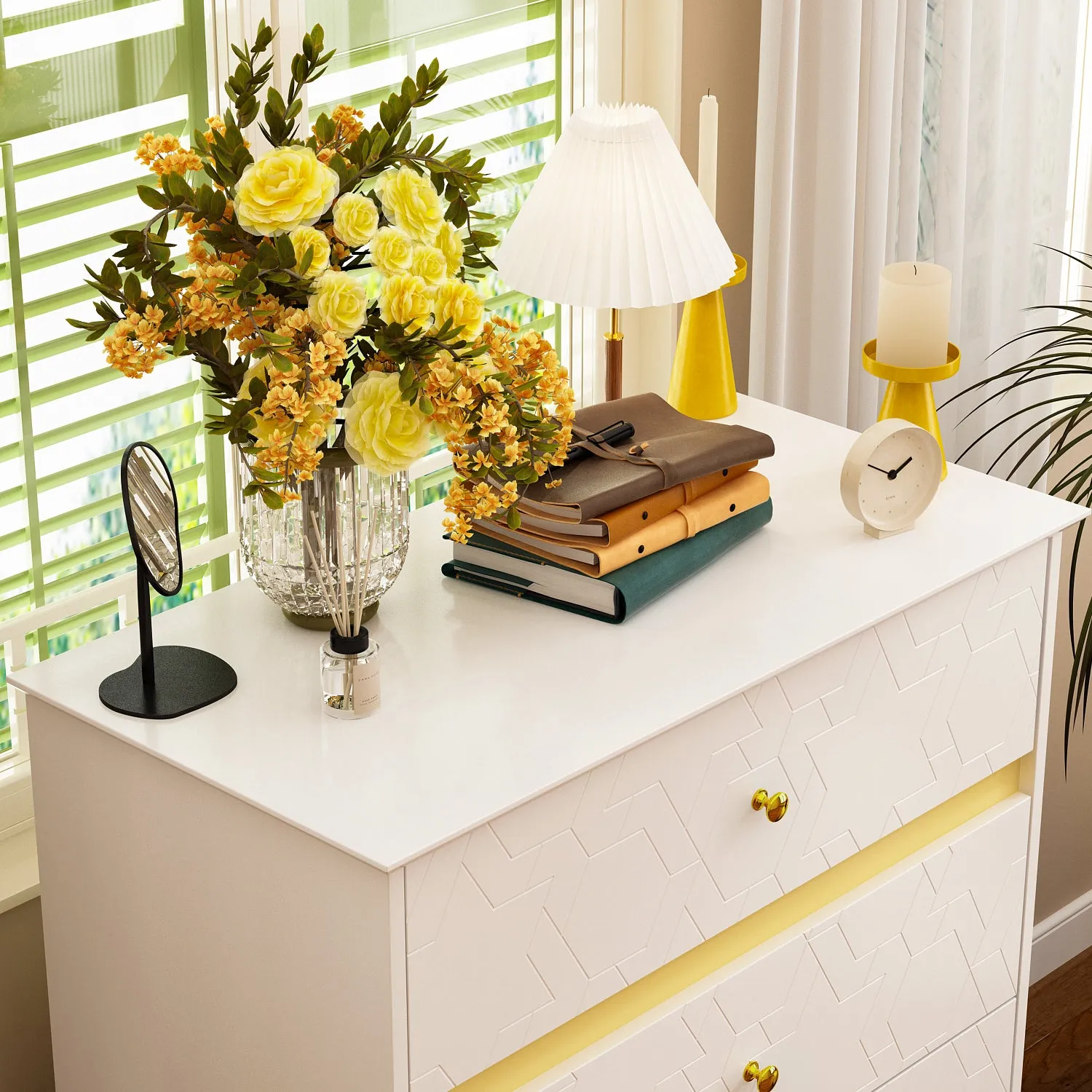 White Cabinet with Trim 5-Drawer Dresser with Large Storage