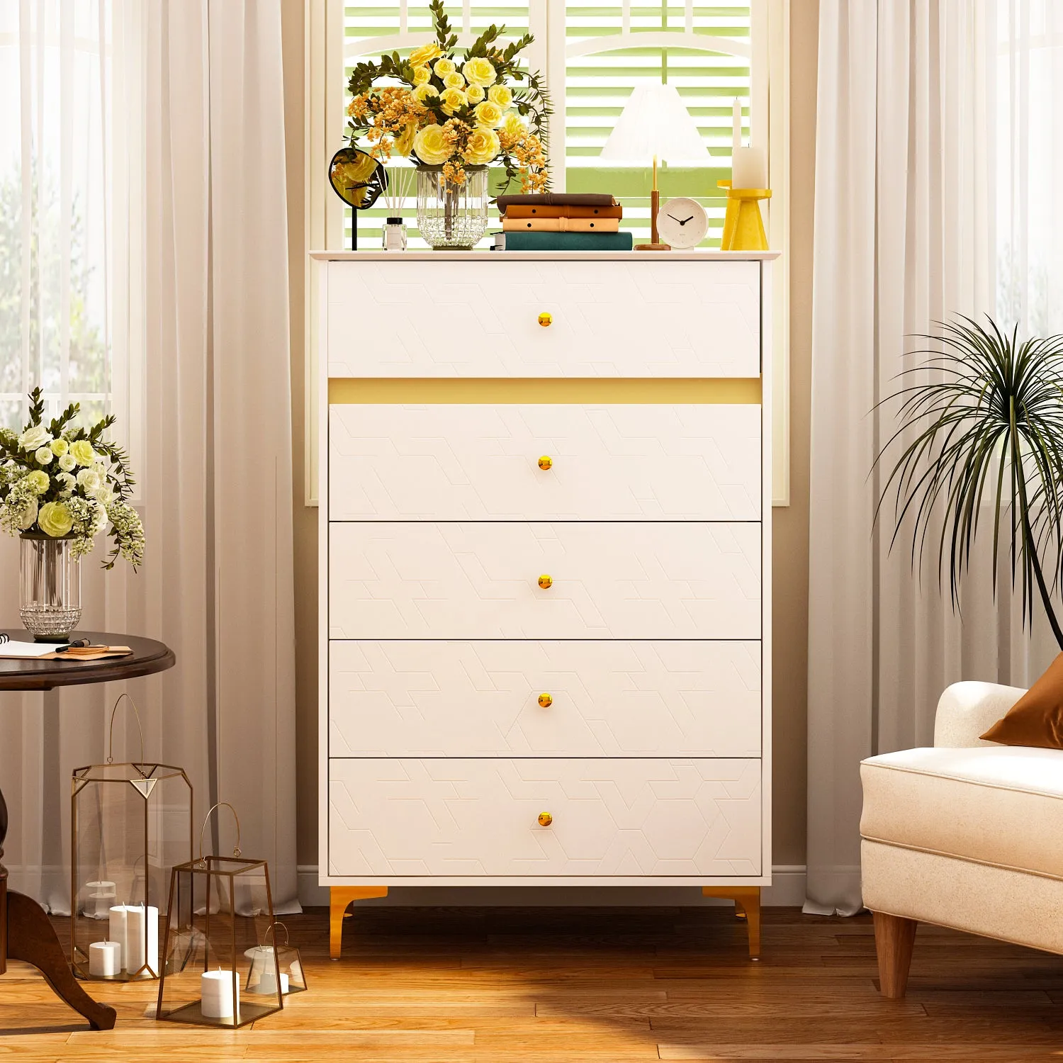 White Cabinet with Trim 5-Drawer Dresser with Large Storage