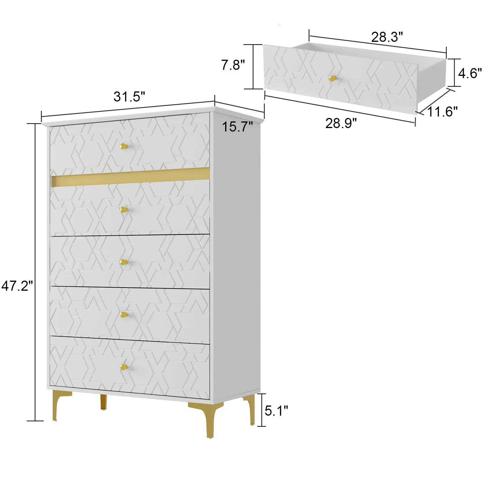 White Cabinet with Trim 5-Drawer Dresser with Large Storage