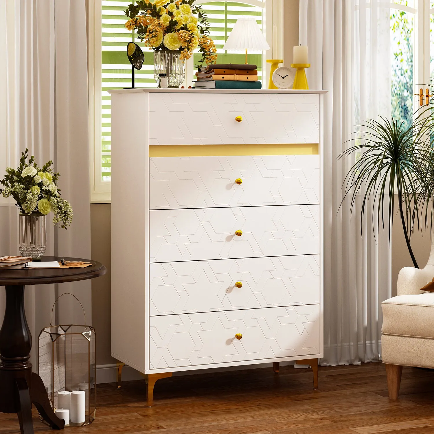 White Cabinet with Trim 5-Drawer Dresser with Large Storage