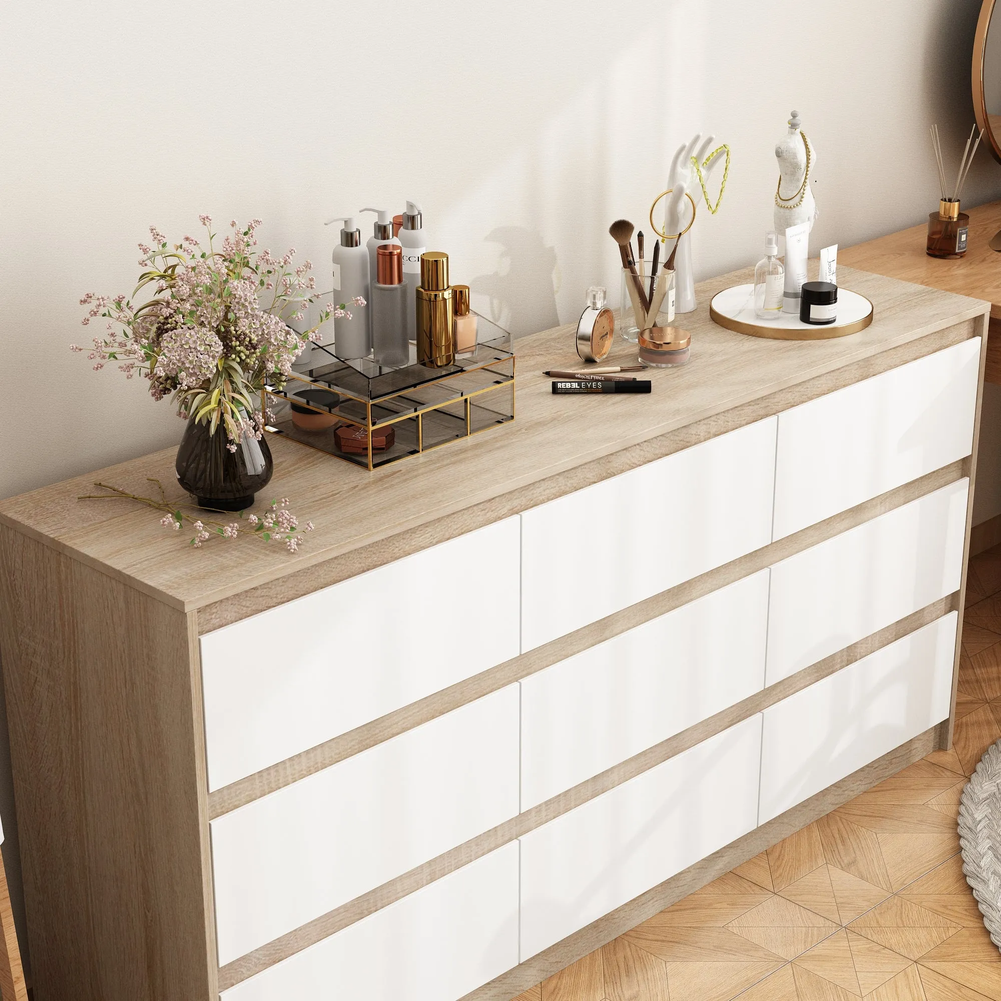 Wide Buffet Cabinet Triple Dresser Storage Sideboard with 9 Drawers